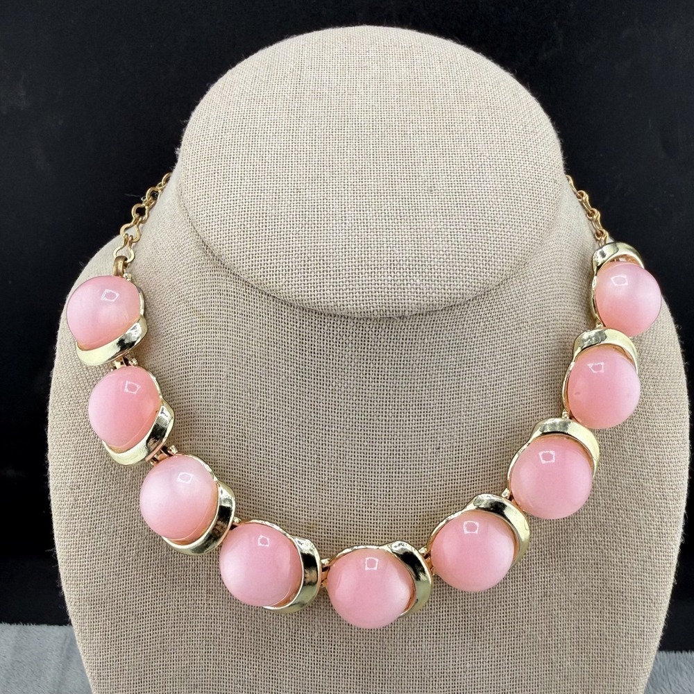 Vintage Thermoset Necklace Moon Glow Pink Gold Tone Bubblegum 16"